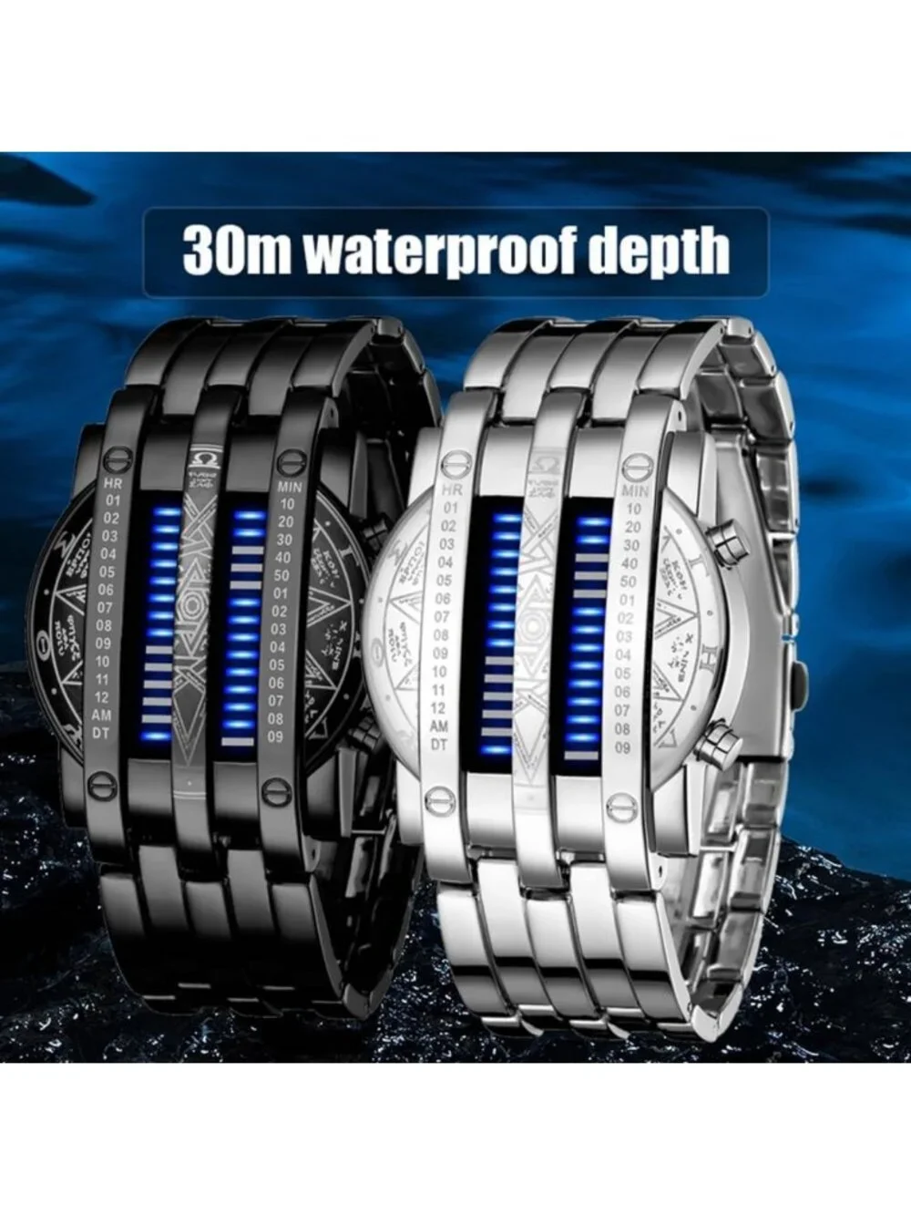 Stylish Men's Blue LED Digital Watch - Waterproof, Classic Black Plated Bracelet